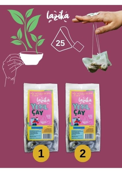 (2'li Set) Avantajlı Yeşil Çay Seti-25'li Pla Piramit Poşet, Antioksidan Kaynağı, 2.5 Yaprak Çay