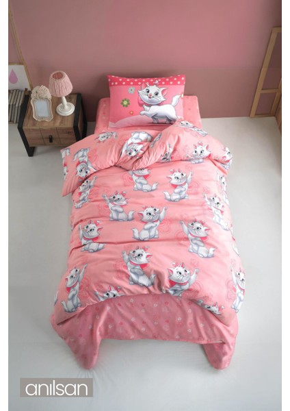 Sevimli Kedi Desenli Baskılı Çocuk Nevresim Takımı Tek Kişilik Yumuşak Pamuklu Kumaş