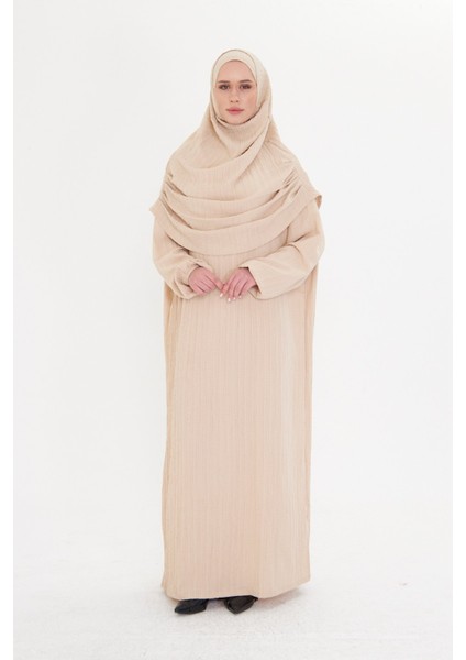 Bej Iki Parça Namaz Elbisesi Dokuma Kendinden Desenli 2502_12