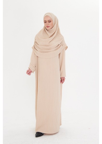 Bej Iki Parça Namaz Elbisesi Dokuma Kendinden Desenli 2502_12 fiyatları