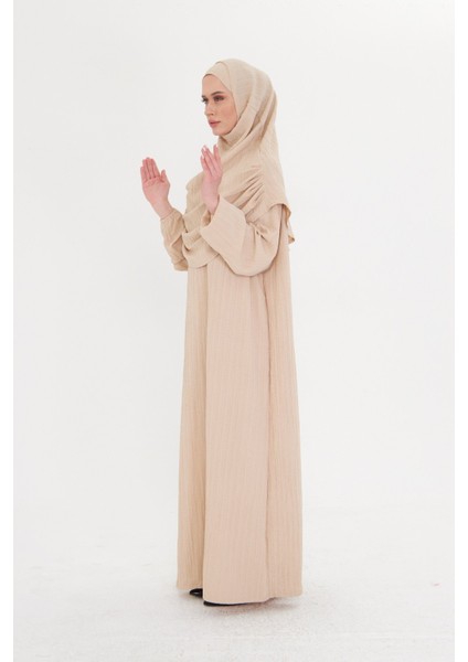 Bej Iki Parça Namaz Elbisesi Dokuma Kendinden Desenli 2502_12