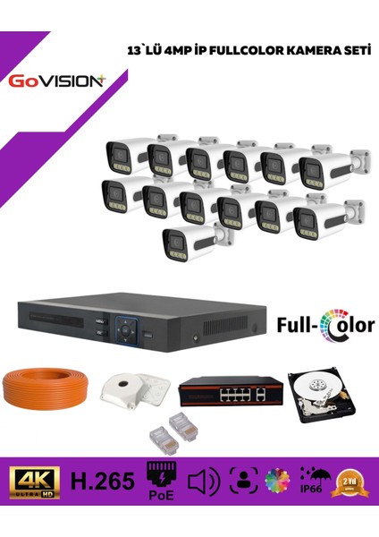Go Vision 13'lü Güvenlik Ip Kamera Seti - 4mp Dış Mekan Kamera, 3.6mm Lens, H.265, Poe, Warm LED Gece Görüşlü