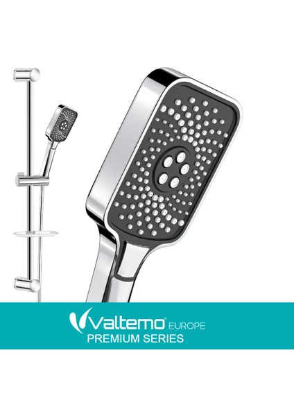 | Valtemo Reflex Krom-Siyah Sürgülü Duş Seti – Fonksiyonlu, Neoflex Patlamaz Hortumlu