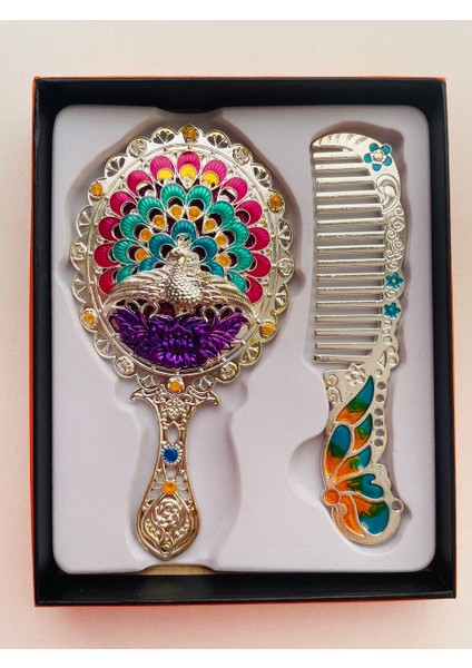 Ayna Tarak Seti, Kutulu-Metal-Hediyelik Takım, 13CM Aynalı Saç Fırçası, Tavuskuşu Figürlü