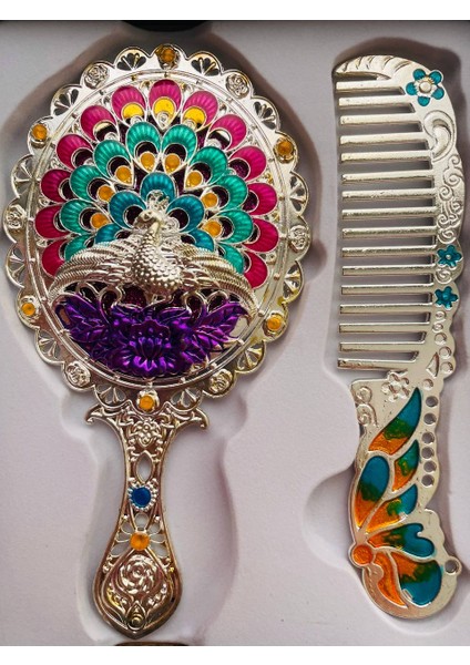 Ayna Tarak Seti, Kutulu-Metal-Hediyelik Takım, 13CM Aynalı Saç Fırçası, Tavuskuşu Figürlü fiyatları