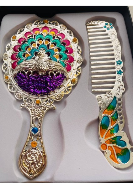 Ayna Tarak Seti, Kutulu-Metal-Hediyelik Takım, 13CM Aynalı Saç Fırçası, Tavuskuşu Figürlü modelleri