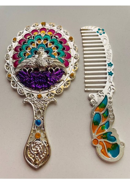 Ayna Tarak Seti, Kutulu-Metal-Hediyelik Takım, 13CM Aynalı Saç Fırçası, Tavuskuşu Figürlü fırsatları