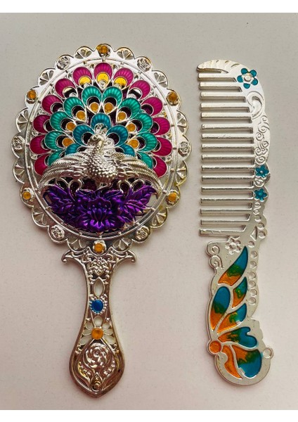 Ayna Tarak Seti, Kutulu-Metal-Hediyelik Takım, 13CM Aynalı Saç Fırçası, Tavuskuşu Figürlü