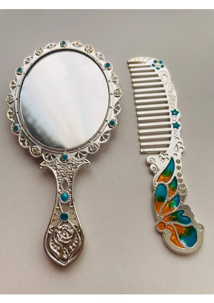 Ayna Tarak Seti, Kutulu-Metal-Hediyelik Takım, 13CM Aynalı Saç Fırçası, Tavuskuşu Figürlü