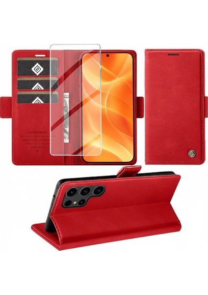 Samsung Galaxy S22 Ultra Uyumlu Ekran Koruyuculu Kılıf Kapaklı Kartlıklı Deri Görünümlü Standlı Kapak