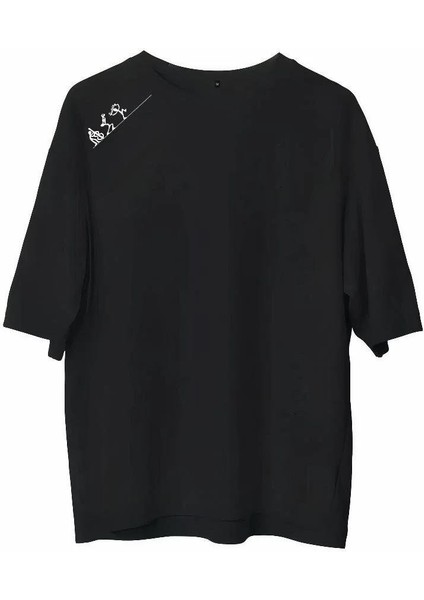 Unisex Bisiklet Yaka Baskılı Oversize T-Shirt - Siyah