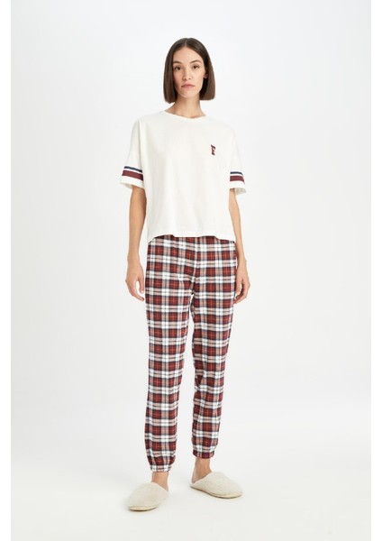 Fall In Love Pijama Takım Bisiklet Yaka Baskılı Kısa Kollu Üst Kareli Beli Lastikli Alt D5662AX24AU