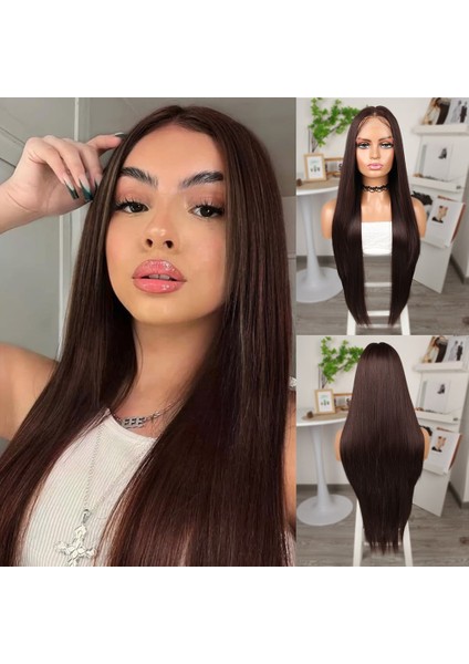 Kahverengi Ekstra Uzun Fiber Sentetik Düz Tül Peruk