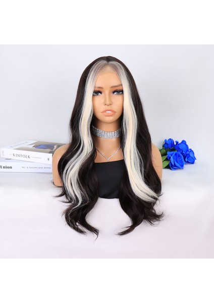 Koyu Kumral Perçemler Beyaz Platin Tül Peruk