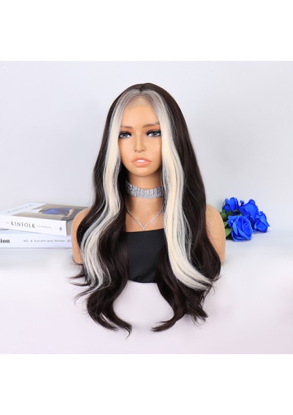 Koyu Kumral Perçemler Beyaz Platin Tül Peruk fırsatları