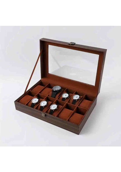 12 Bölmeli Ahşap Desenli Cam Kapaklı Saat Kutusu
