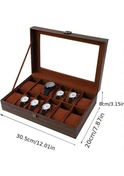 12 Bölmeli Ahşap Desenli Cam Kapaklı Saat Kutusu fiyatları