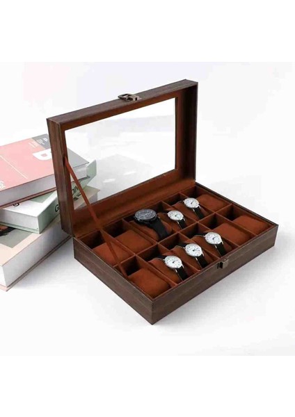 12 Bölmeli Ahşap Desenli Cam Kapaklı Saat Kutusu modelleri