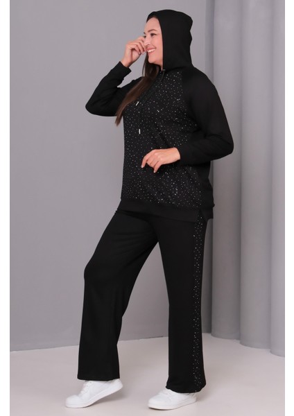 Kadın Kapüşonlu Eşofman Takım Büyük Beden Siyah Taş Detaylı %95 Viskon 65N39139 modelleri