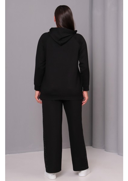 Kadın Kapüşonlu Eşofman Takım Büyük Beden Siyah Taş Detaylı %95 Viskon 65N39139 fırsatları