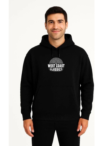 Erkek Kapşonlu Sweatshirt – Oversize Üç Iplik Şardonlu Hoodie, “west Coast Classics” Ön & Arka Baskılı, Kanguru Cepli Kışlık Günlük Stil - Siyah fiyatları