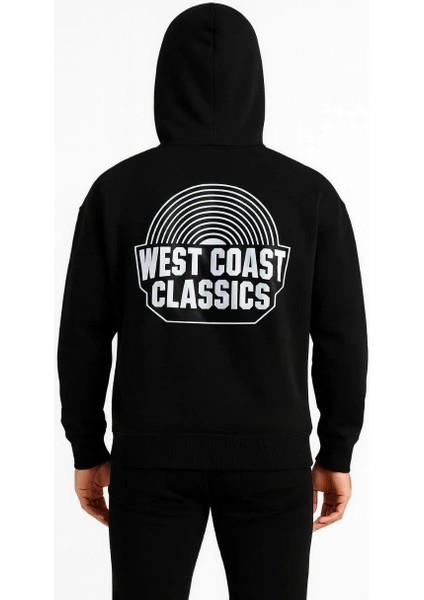 Erkek Kapşonlu Sweatshirt – Oversize Üç Iplik Şardonlu Hoodie, “west Coast Classics” Ön & Arka Baskılı, Kanguru Cepli Kışlık Günlük Stil - Siyah modelleri