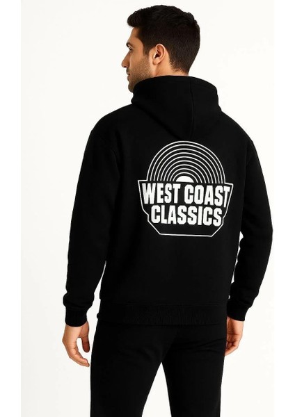 Erkek Kapşonlu Sweatshirt – Oversize Üç Iplik Şardonlu Hoodie, “west Coast Classics” Ön & Arka Baskılı, Kanguru Cepli Kışlık Günlük Stil - Siyah fırsatları