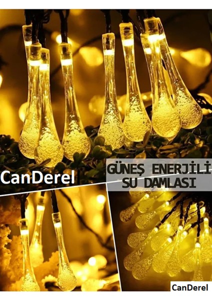 50 LED 7 Metre Sarı Kristal Su Damlası Güneş Enerjili LED Işık Solar Bahçe Ağaç Lamba Aydınlatması