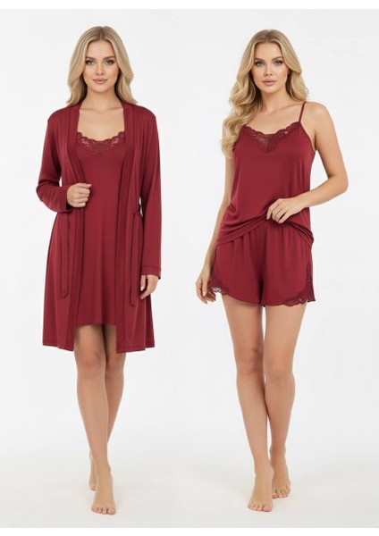 Bordo Mikro Penye Dantel 4’lü Sabahlık Gecelik Şort Takım – Yumuşak ve Şık