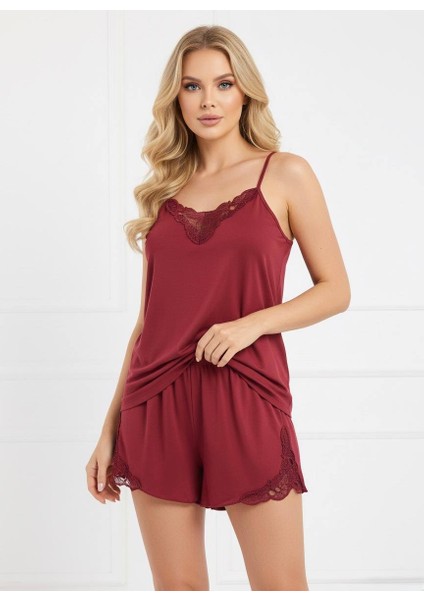 Bordo Mikro Penye Dantel 4’lü Sabahlık Gecelik Şort Takım – Yumuşak ve Şık modelleri