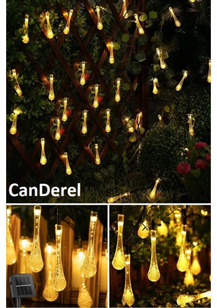 50 LED 7 Metre Sarı Kristal Su Damlası Güneş Enerjili LED Işık Solar Bahçe Ağaç Lamba Aydınlatması