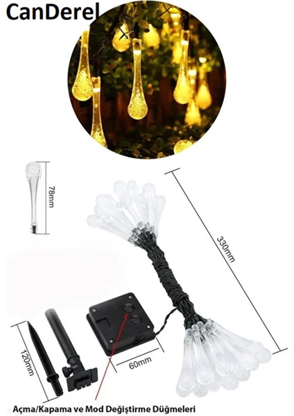 50 LED 7 Metre Sarı Kristal Su Damlası Güneş Enerjili LED Işık Solar Bahçe Ağaç Lamba Aydınlatması