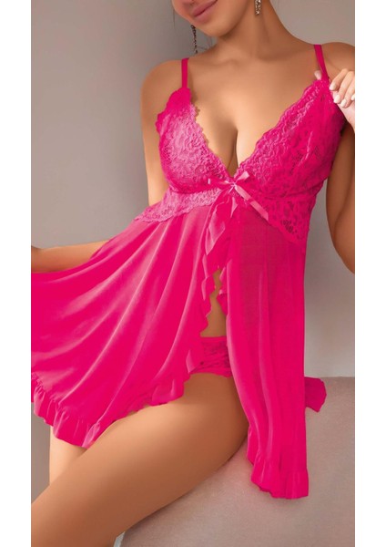 Mdb Mdbshop Fuşya Dantel Işlemeli Yırtmaçlı Transparan Fantezi Tül Gecelik