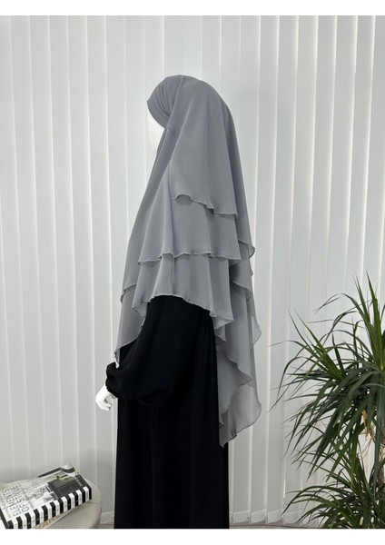 Üç Katlı Multı Sifon Sufle Eşarp ,khimar Hazır Eşarp Bağcıklı Eşarp Peçeli Gri Renk modelleri