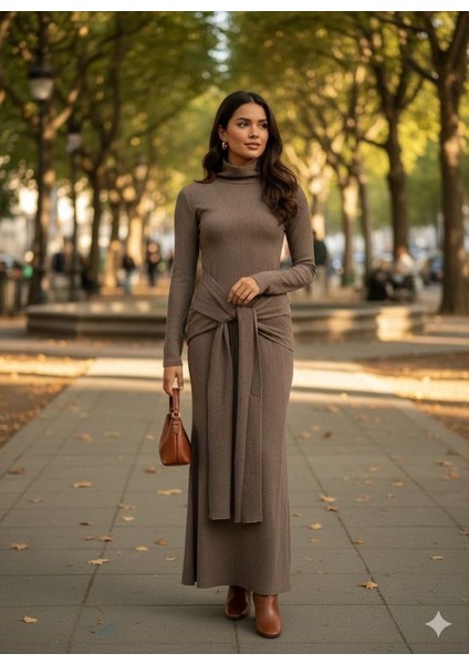 Kadın Uzun Kollubalıkçı Yaka Bürümcük Kumaş Kuşak Dahilkalem Elbise