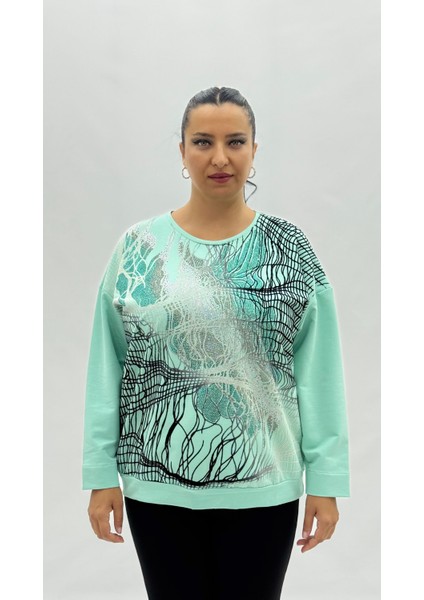 Büyük Beden Viskon Taşlı Uzun Kol Oversize Kadın Bluz