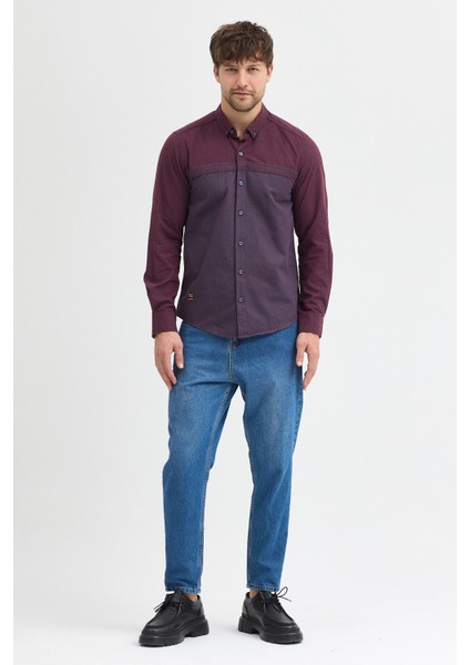Premium Slim Fit Yün Karışımlı Kontrast Parçalı Uzun Kollu Gömlek