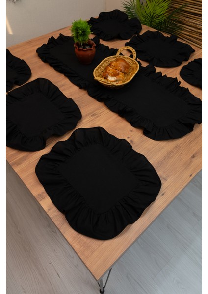 Rufle | Siyah 7 Parça Fırfırlı Sofra Sunum Seti 40 x 150 modelleri