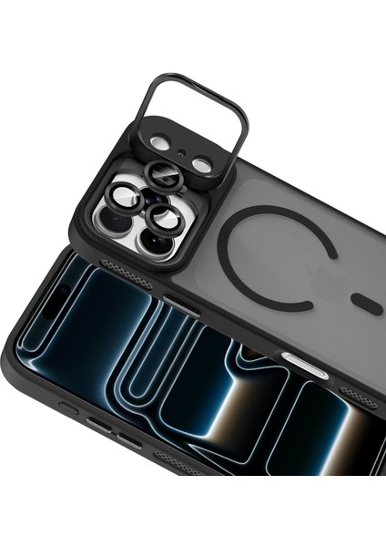 Apple iPhone 17 Pro Max Lens Hediyeli Kapak Kamera Korumalı Wireless Şarj Özellikli Standlı Premium Kılıf - Siyah modelleri