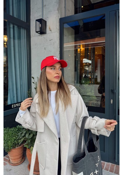 Bej Kolları Kemerli Arkası Düğmeli Astarlı Oversize Yün Kaban fiyatları