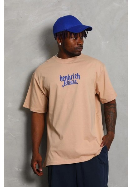 Unisex Oversize Baskılı Bisiklet Yaka T-Shirt - Bej indirimleri