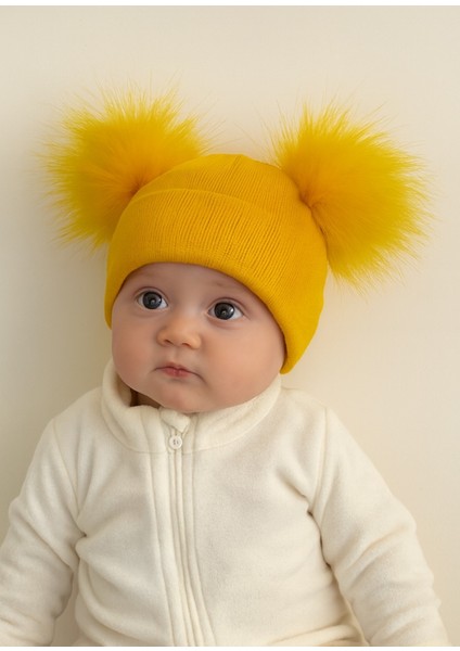 Kız Bebek Çift Ponponlu Triko Bere Standart 0-3 Yaş