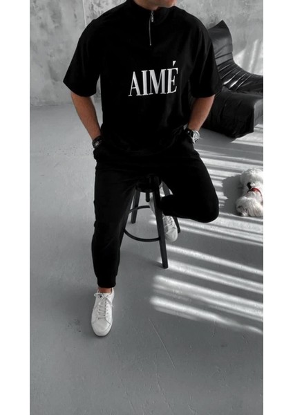 Unisex Yarım Fermuarlı Baskılı T-Shirt - Siyah modelleri