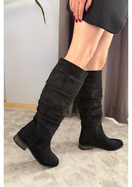 Kadın Mika Siyah Süet Düz Taban Büzgülü Diz Altı Boy Çekme Çizme fiyatları