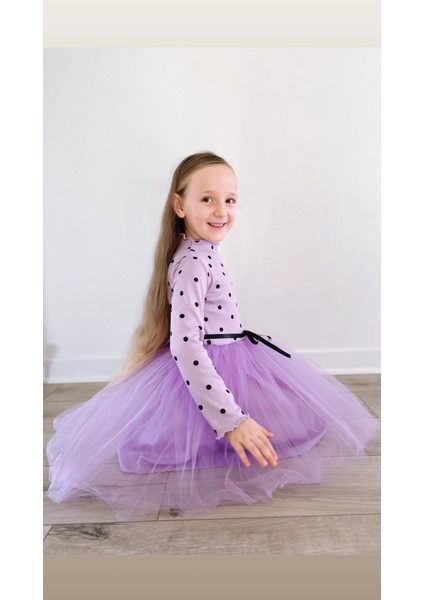 Linda Kız Çocuk Prenses Kabarık Tütü Lila Elbise Uzun Kol Puantiyeli Esnek Likralı Tüllü fiyatları