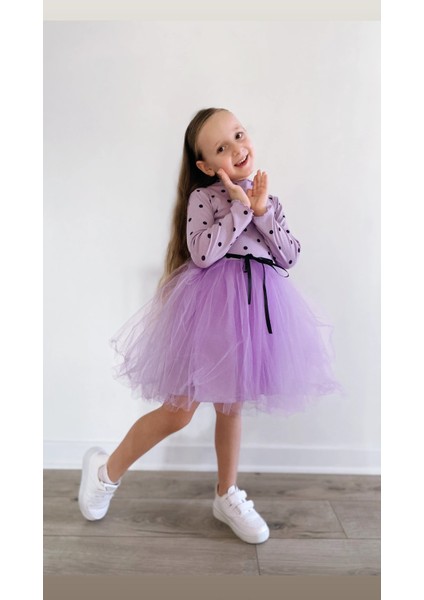 Linda Kız Çocuk Prenses Kabarık Tütü Lila Elbise Uzun Kol Puantiyeli Esnek Likralı Tüllü modelleri