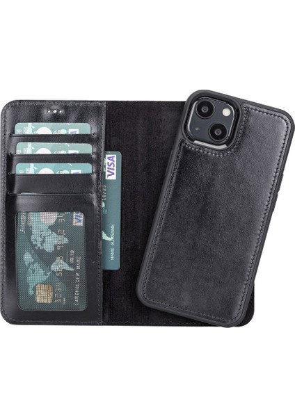 Apple iPhone 13 Uyumlu Deri Cüzdanlı Kılıf Rst1 Siyah