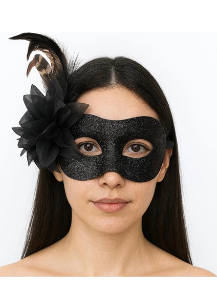 Siyah Renk Metalize Sim Görünümlü Parlak Tüylü Parti Maskesi 22X19 cm