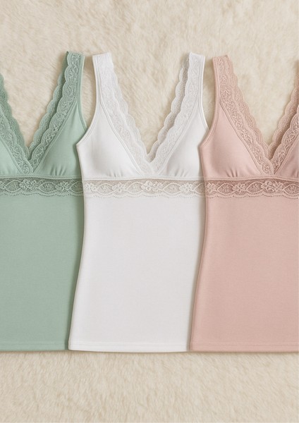 Kadın Dantel Detaylı Modal Askılı Beyaz - Pudra - Yeşil 3 Adet Atlet LL.K66.O07.001