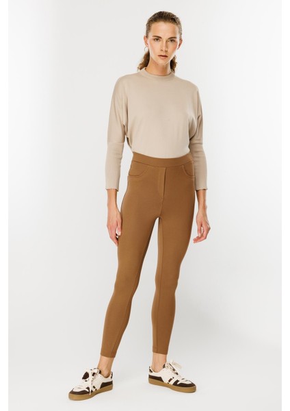 Kalın Kumaş Yüksek Bel Tayt Pantolon-Camel